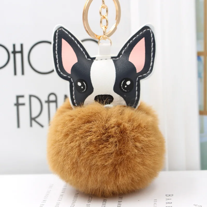 

2018 New Fluffy Rabbit Fur Ball French Bulldog Keychain Leather Soft Pom Plush Stuffed Toy Animal Dog Keyring Holder Bag Trinket