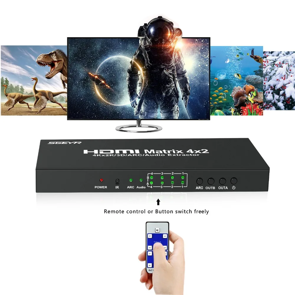 HDMI Matrix 4x2 HDMI Matrix Switch 4 Input to 2 Output Support IR Remote with Audio Extractor ARC SPDIF Support 4Kx2K 2160p