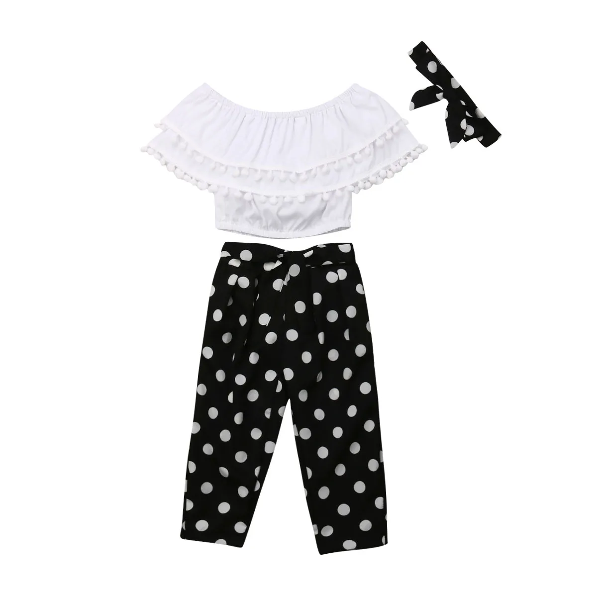 

Kids Baby Girl Clothes Chiffon Ruffle Tassel Tops Off-shoulder T shirt+Trousers Pants Outfit Children Set Clothes