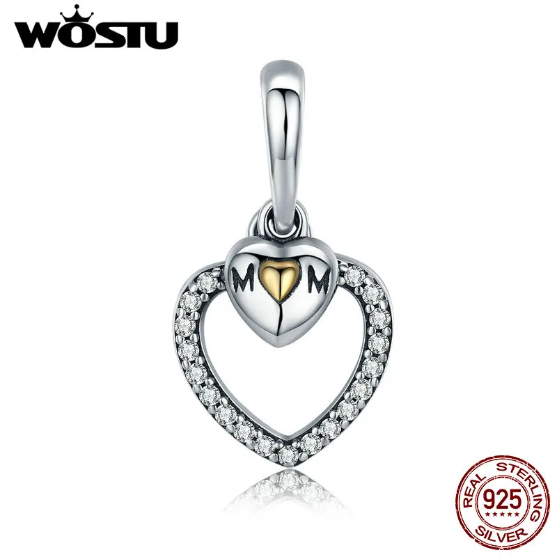 

WOSTU 100% Real 925 Sterling Silver Mother Gift Mom Love in Heart Charm Dangle fit Bracelet & Necklace Jewelry Making CQC380