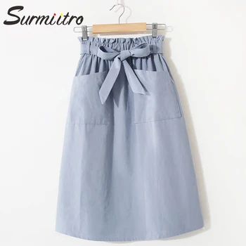 

Surmiitro Midi Length Summer Skirt Women 2019 New Casual Korean Pocket Split High Waist A-line Skirt Female Sun School Bud Skirt