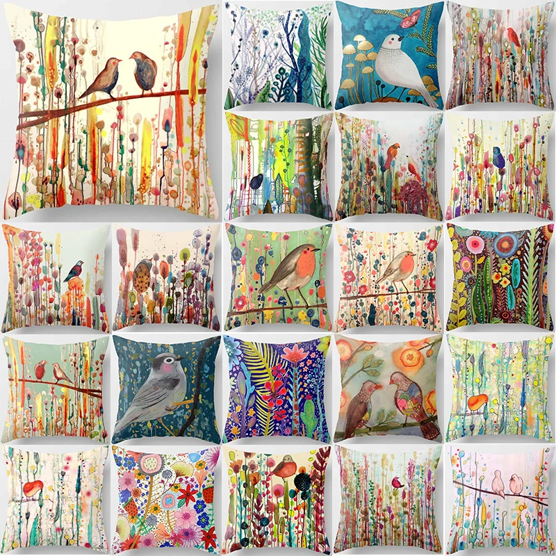 

Hot sale birds trees pillow case men women beauty flowers square pillow cases home creative pattern pillow covers size 45*45cm