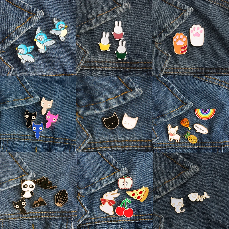 

2-5pcs/Set Cat Dog Panda Penguin Cartoon Animals Brooches Bee Rabbit Fruits Enamel Pins Button Pin Denim Jackets Pin Kid Jewelry
