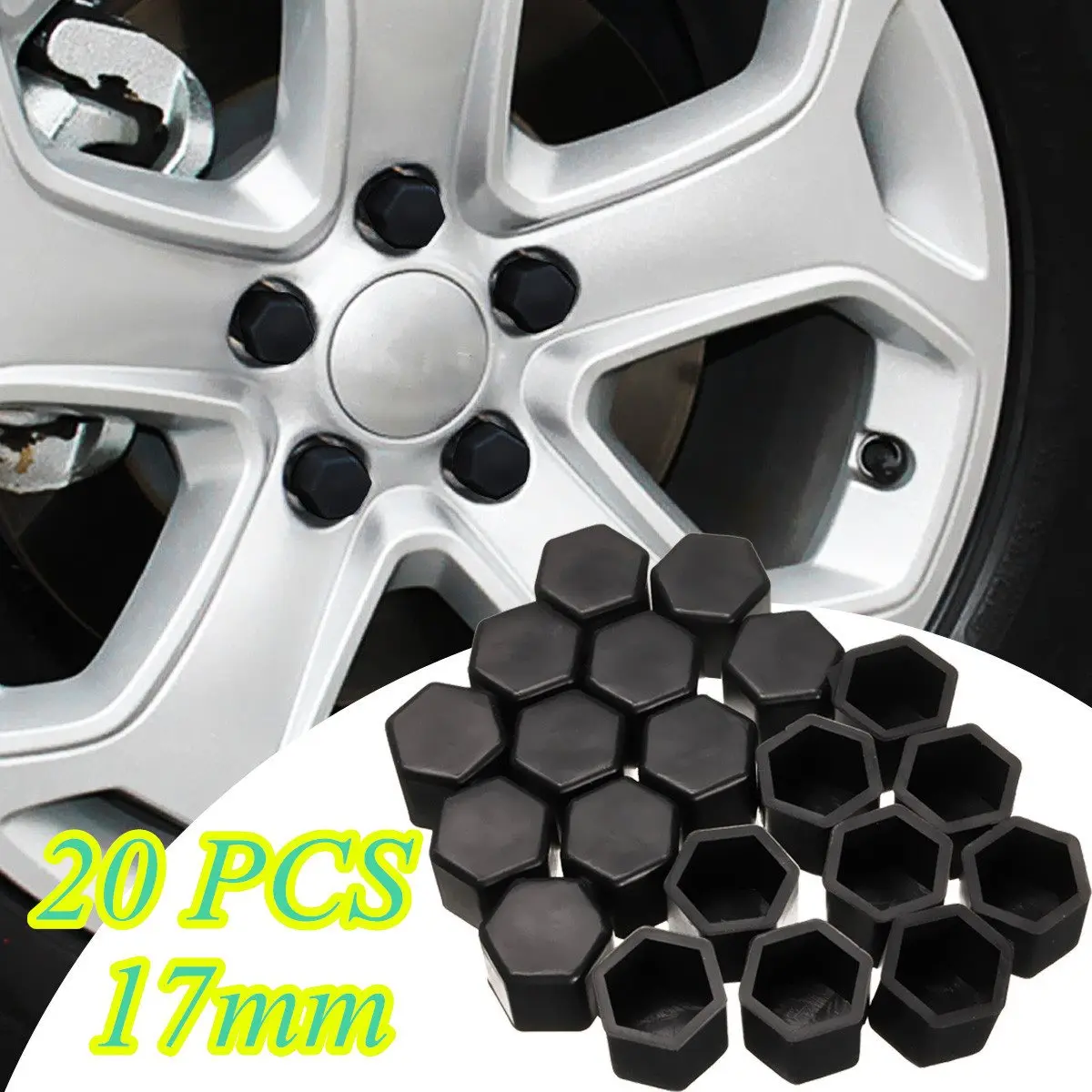 20pcs 17mm Black Silicone Hex Protector Wheel Lug Bolt Nut Cap Valve Stem Cover for VW for Audi