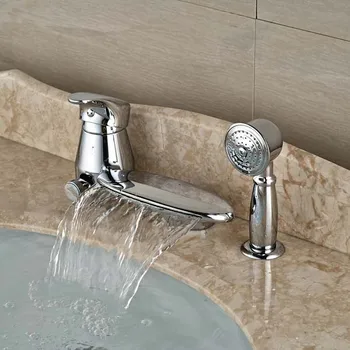 

NEW Round Waterfall Spout Bathroom Tub Faucet W/ Pull Out Hand Sprayer Diverter Tap