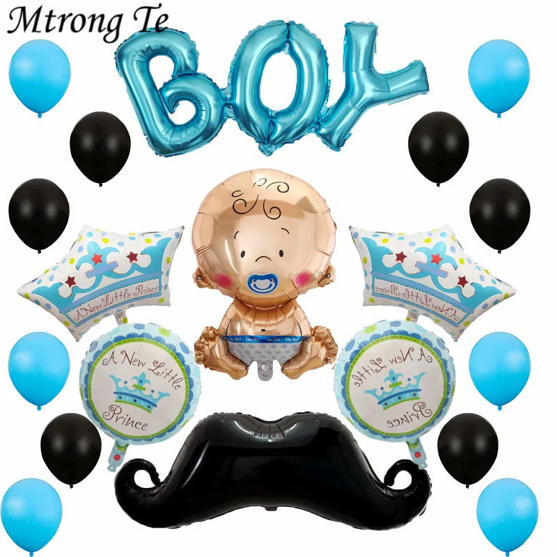 

19pcs/lot Baby Shower Crown mustache Foil Balloons Happy Birthday party Beard boy and girl latex Helium Balloon Decor Supplies