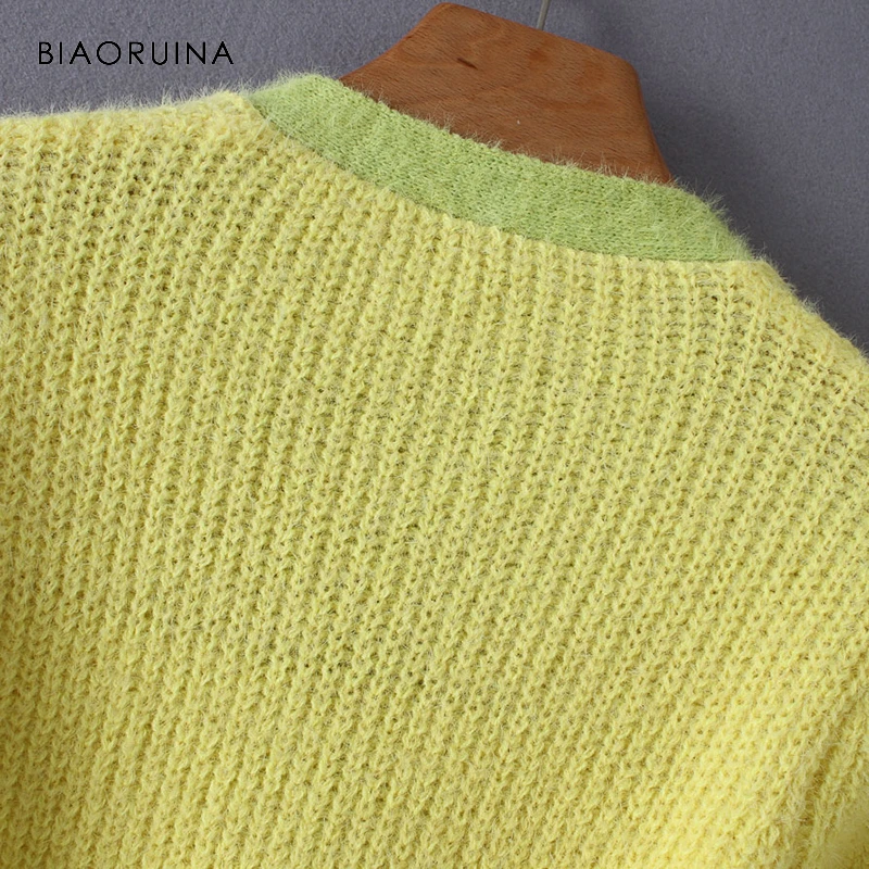 BIAORUINA женский модный универсальный вязаный кардиган контрастного цвета, Женский однобортный Повседневный короткий вязаный свитер с v-образным вырезом