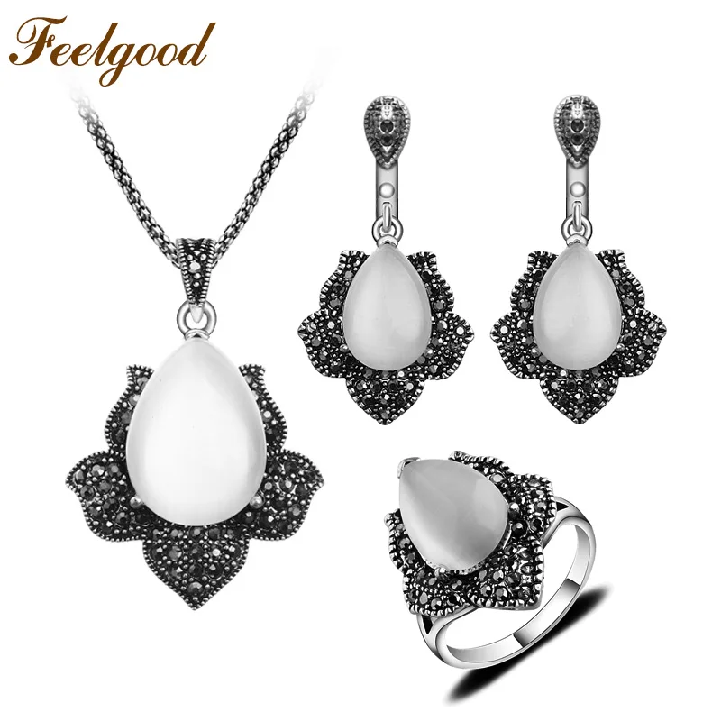 

Feelgood Opal Jewelry Sets Vintage Black Crystal And Natural Stone Pendant Necklace Set Antique Silver Color Alloy Jewellery