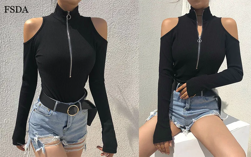 FSDA Zipper Hollow Out Turtleneck Bodysuit Women Black White Winter Long Sleeve Autumn Sexy V Neck Streetwear Body Top Jumpsuit