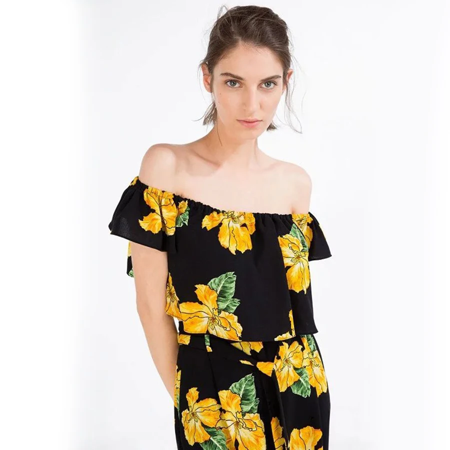 Off Shoulder Tops Yellow Floral Blouse 