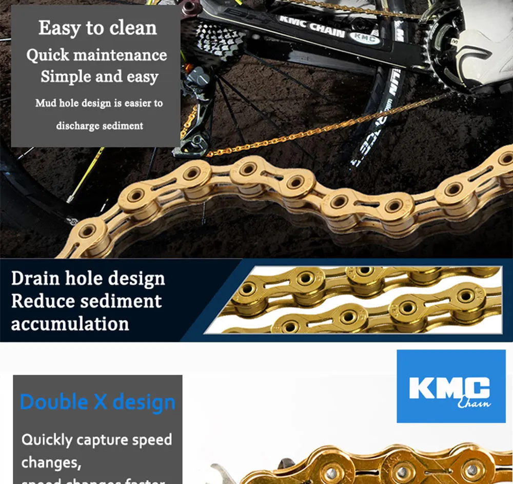 Top KMC chain x11 x11L x11sl X11ept x11el x11.93 gold silver for MTB/Road Bike fo Shimano/SRAM 11 speed 116L /chain bike Full hollow 3