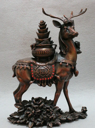 

xiuli 002620 11" Folk Chinese Bronze Wealth Treasure Bowl On Fu Lu Deer Sika Flower Statue