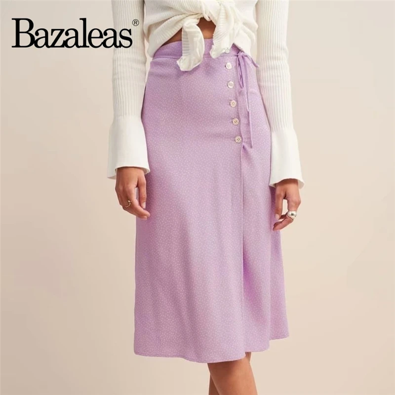 Bazaleas Франция, женские юбки с завышенной талией и пуговицами, фиолетовая, лиловая, в горошек, с запахом спереди, юбка миди, повседневная, винтажная