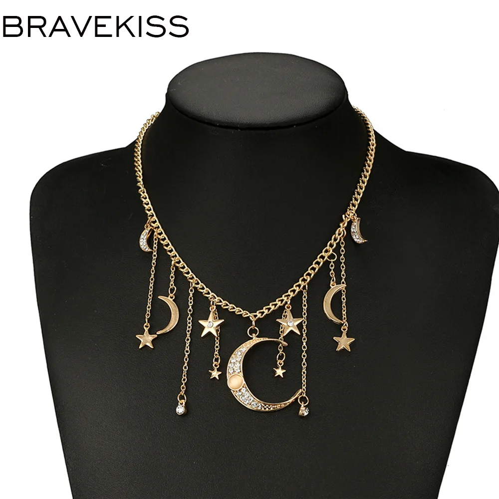 

BRAVEKISS Alloy Star Moon Necklace Gold Tassel Pendant Chain Necklaces Fashion Jewelry Accessories for Women 2018 New BPN1248