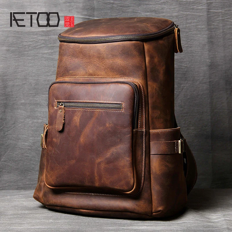 

AETOO Handmade leather Shoulder Bag original head cowhide Backpack men and women mountaineering bag mad horse Skin travel Bag