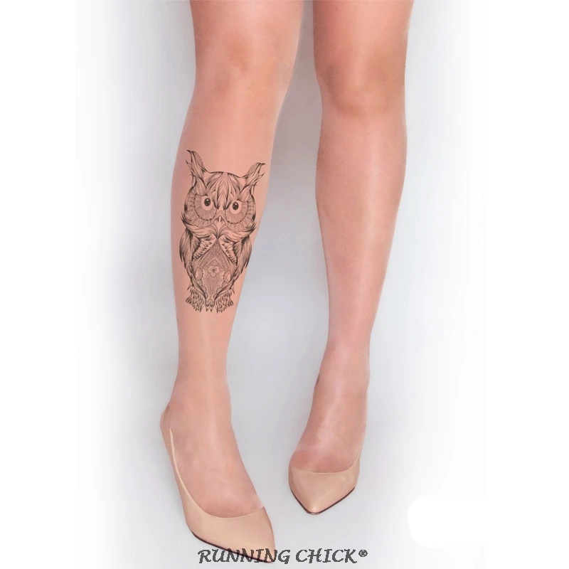 Одна нога до середины икры с принтом Совы тату чулки тонкие летние колготки|pantyhose