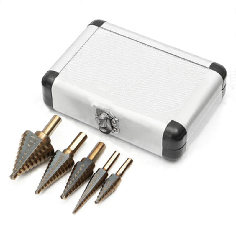 

5pcs Aluminum Box Triangle Handle Speed Steel Bit HSS Cone Drills Bits Hole Cutter Bit Set Multiple Hole 50 Sizes Step Drill