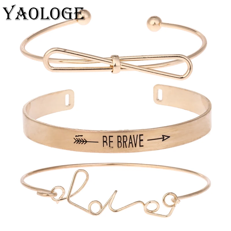 

YAOLOGE Hot Sale Simple Bow-knot Metal Three-piece Suit Bracelet LOVE Letter Fashion Bangle Statement Accessories For Women New