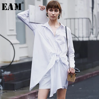 

[EAM] 2020 New Spring Autumn Lapel Long Sleeve White Irregular Knot Bandage Temperament Loose Shirt Dress Women Fashion JX666