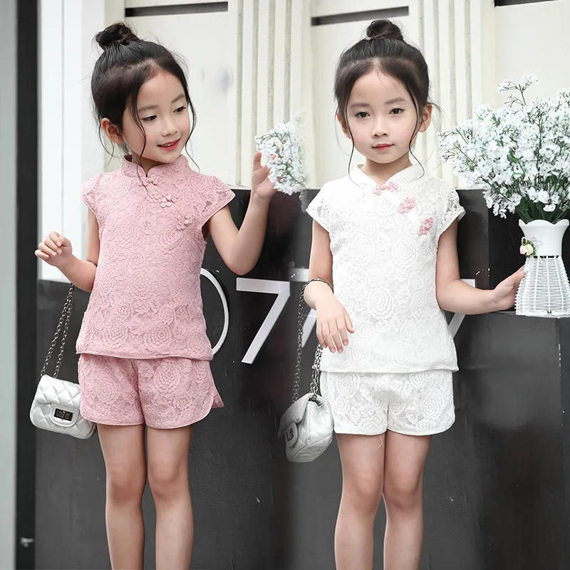 Chinese New Year Style 2022 Summer Baby Girls Short Sleeve Soild Lace Top+Shorts 2pcs Cheongsam Suit Children Princess Outfits clothing kid suit