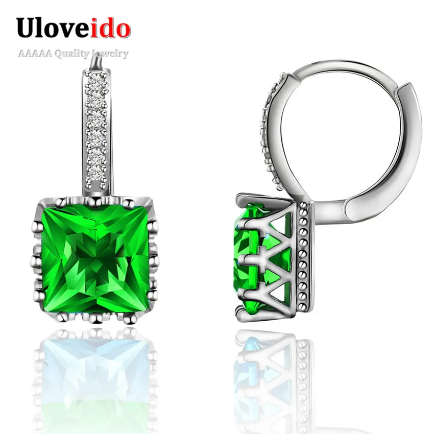 Uloveido 4 цвета геометрические Кристальные серебряные серьги-гвоздики для женщин Подарки модная серьга Brincos с Зелеными камнями BME169