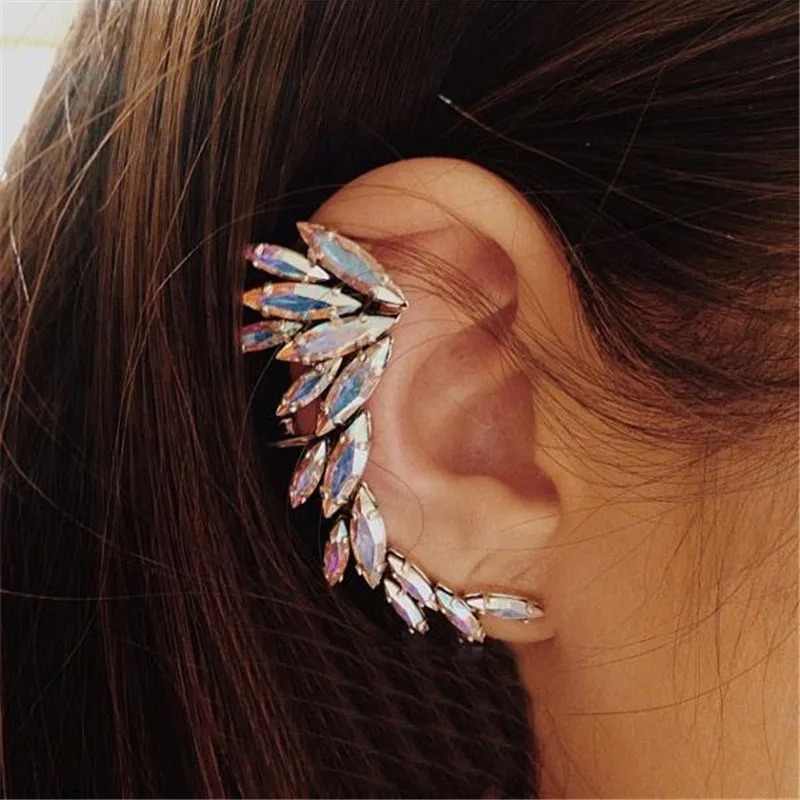 

Europe Style Color Crystal Feather Clip Earing Korean Ear Clip Exaggerated Decoration Jewelry Wholesale Drop Ship