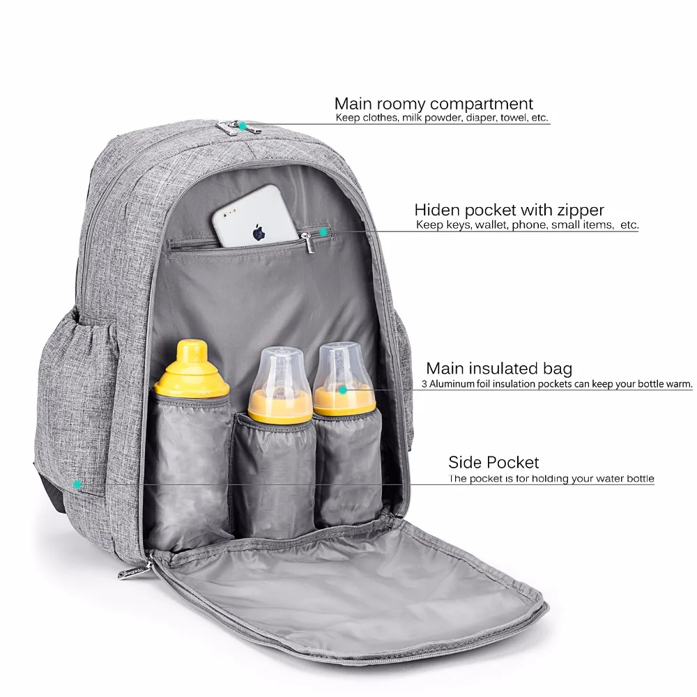 Сумка для детских подгузников, Большая вместительная сумка-рюкзак для подгузников с пеленальной подкладкой и изолированной сумкой, сумка для детских колясок