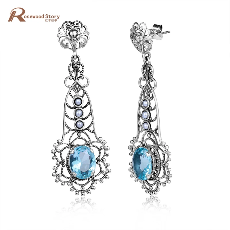 

New Arrival Vintage Blue Rhinestone Crystal 925 Sterling Silver Drop Earrings for Women Bohemian Large Long Earrings Jewelry