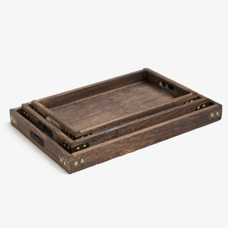 

Japan Style Burn Paulownia Wood Serving Tea Tray Metal Edge Rectangular Solid Wood Plates Dinner Snack Plate Hotel Suppliers