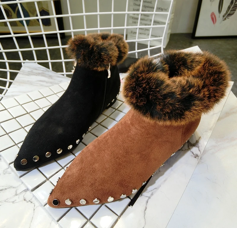 SWYIVY Rabbit Fur Ankle Short Boots Woman 2018 Winter Sexy Pointed Toe Velvet Fur Warm Snow Boots Lady Elegant Snow Boots Rivet