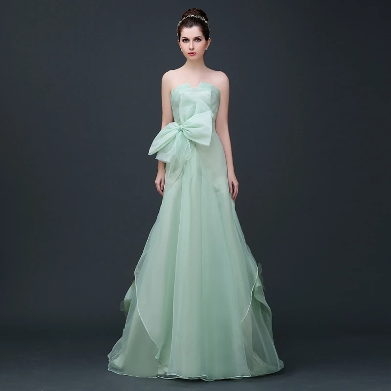 

Pale green Strapless tulle bow ruffles evening gowns dress 2019 made in China