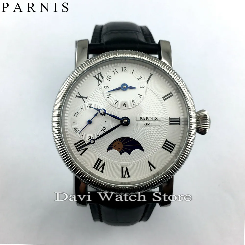 

Parnis 42mm embossment GMT hand winding roman numberwhite Dial mens watch
