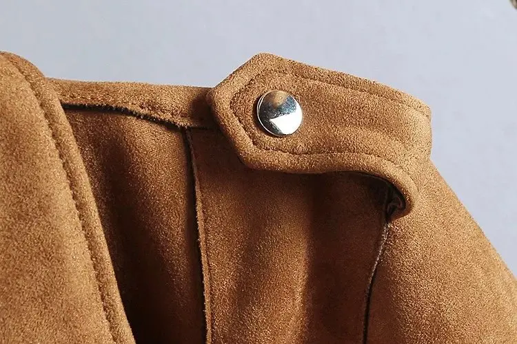 Aelegantmis Осенняя крутая куртка из искусственной замши Женская коричневая короткая Базовая куртка женская зимняя куртка с длинным рукавом и отложным воротником