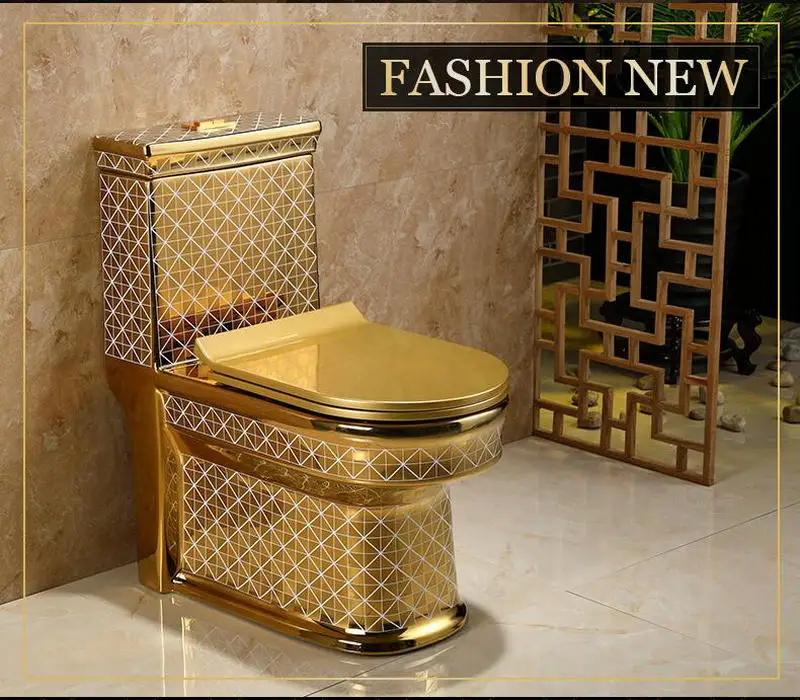 Artistic Golden Diamonds Style One Piece Closestool Siphon Jet Fluishing S-Trap Floor Mounted Luxious Villa Bathroom Seat Toilet