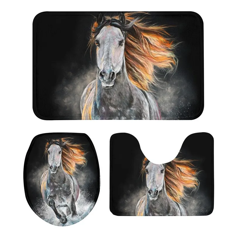 

3Pcs Toilet Seat Cushion Suit Cool Animal Horse 3D Printing Carpet Non-Slip Suction Grip Bath Mats Bathroom Kitchen Washroom Rug