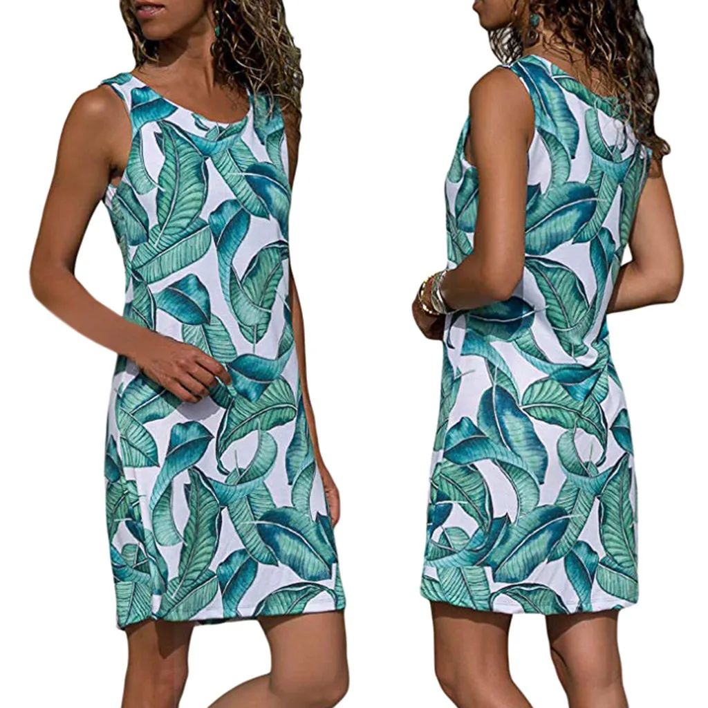 Vestidos Verano 2019 женское летнее платье без рукавов с цветным принтом ТРАПЕЦИЕВИДНОЕ