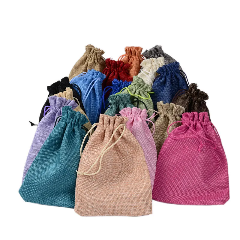 100 X (13x18cm) Assorted Color Eco friendly Drawstring Linen Gift Bags