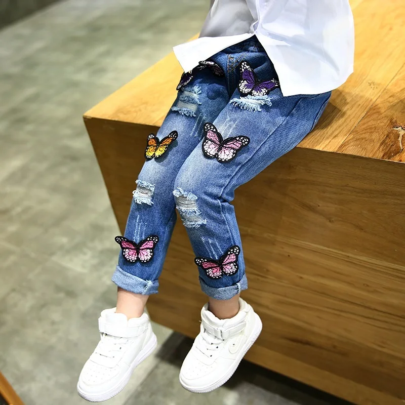 Beautiful Colorful Butterflies Girls Jeans 2016 Korean Style Children