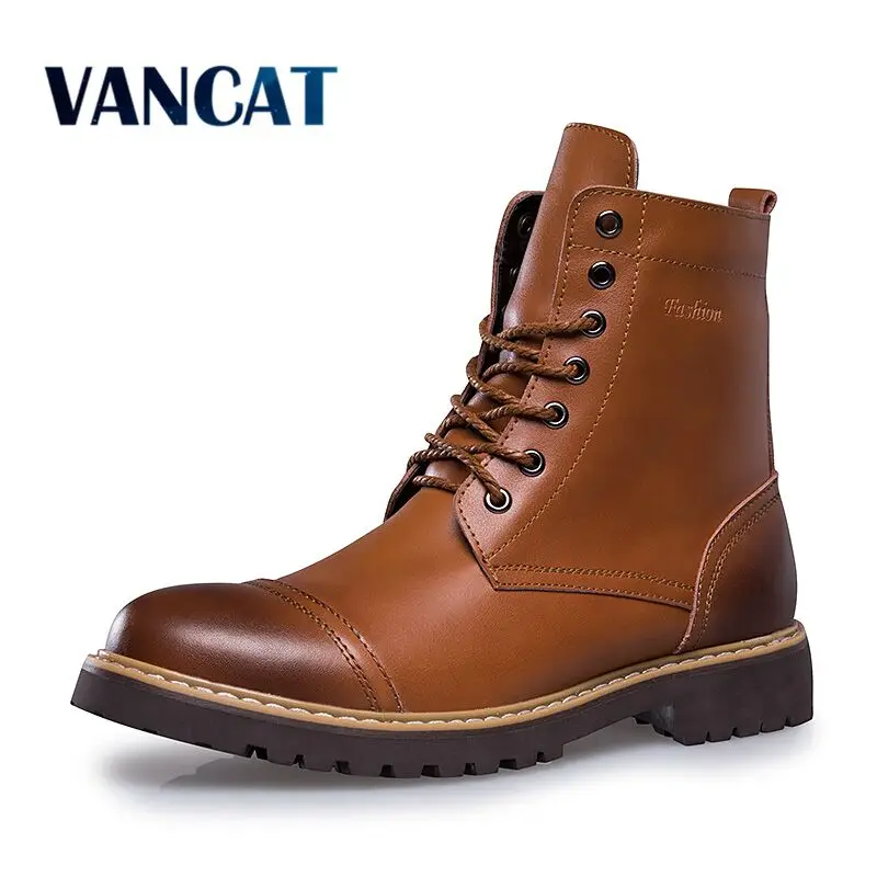 

Vancat 2018 Autumn Winter Genuine Leather Men Boots High Quality Lace-up Men shoes Warm Snow Boots Motorcycle Boots Size 38-46