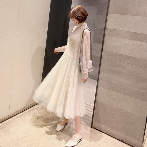

Spring New Style Women Dress Flare Sleeve A-line Sequined Vestido Mid-calf Mesh Super Fairy Vestidos Gentle And Temperament