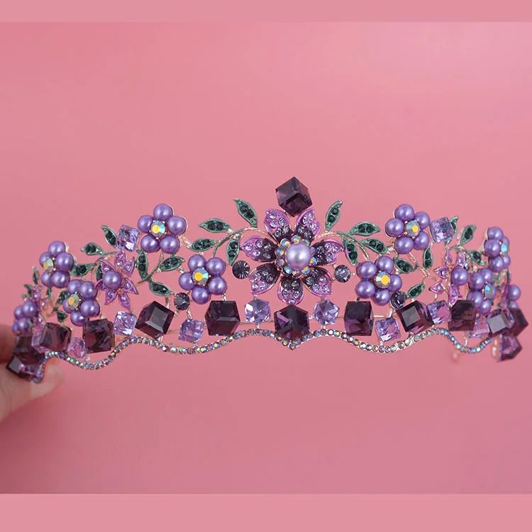 Baroque Purple Crystal Pearl Bridal Crown Tiara Rhinestone Diadem Bride Headband Wedding Hair Accessories hair accessory,hair headdress,bridal headwear,hair band crown,jewelry accessories