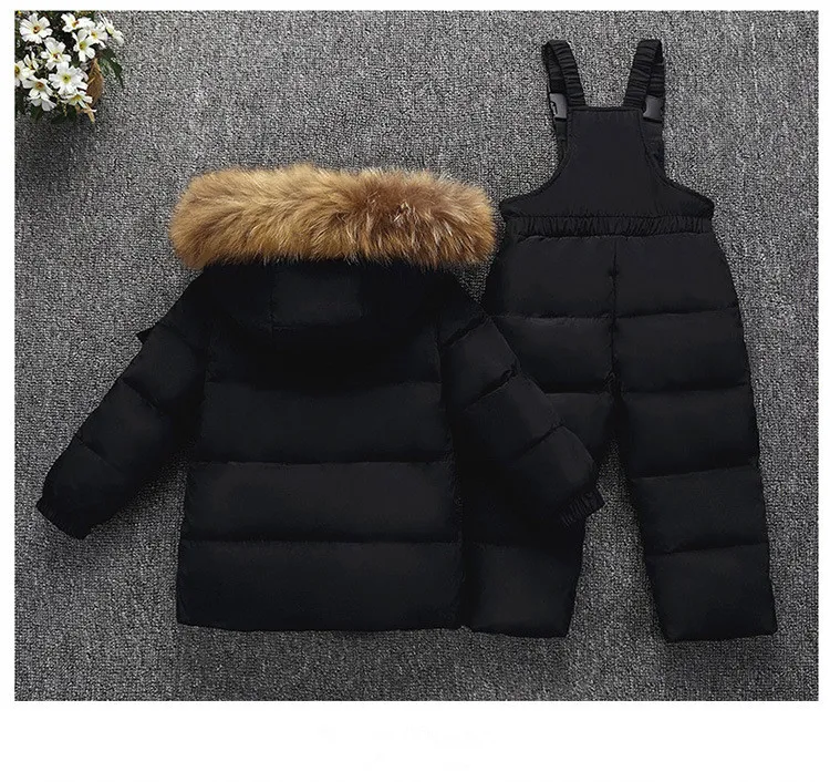 30 Degrees Winter Children Down Jacket Clothing Sets Furry Collar Girls Down Jackets+ Overalls Kids Warm Suit For Boys