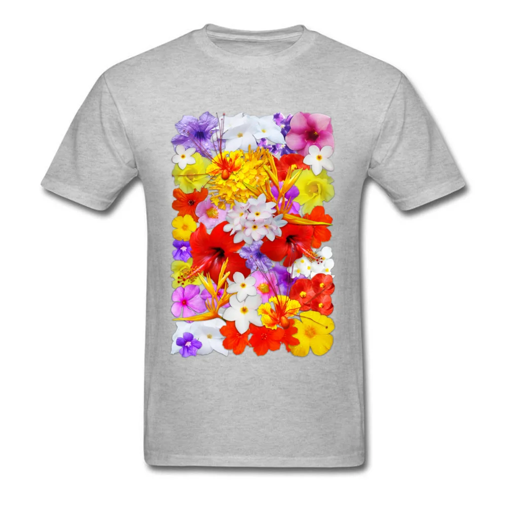 Exotic Flowers Colorful Explosion Tops Shirt Thanksgiving Day Round Collar Pure Cotton Man T Shirt Family Sweatshirts Retro Exotic Flowers Colorful Explosion grey