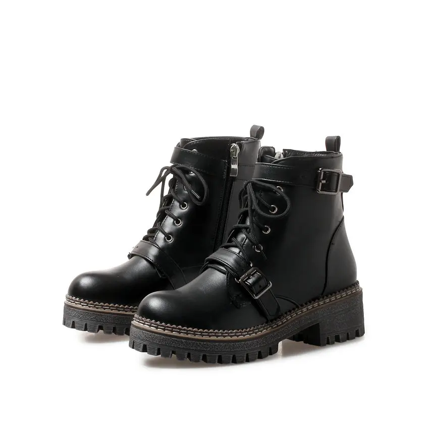 ESVEVA/ г. Женские ботинки обувь в западном стиле с круглым носком зимние женские ботильоны на молнии обувь на квадратном каблуке обувь на платформе и высоком каблуке 34-43 - Цвет: Черный