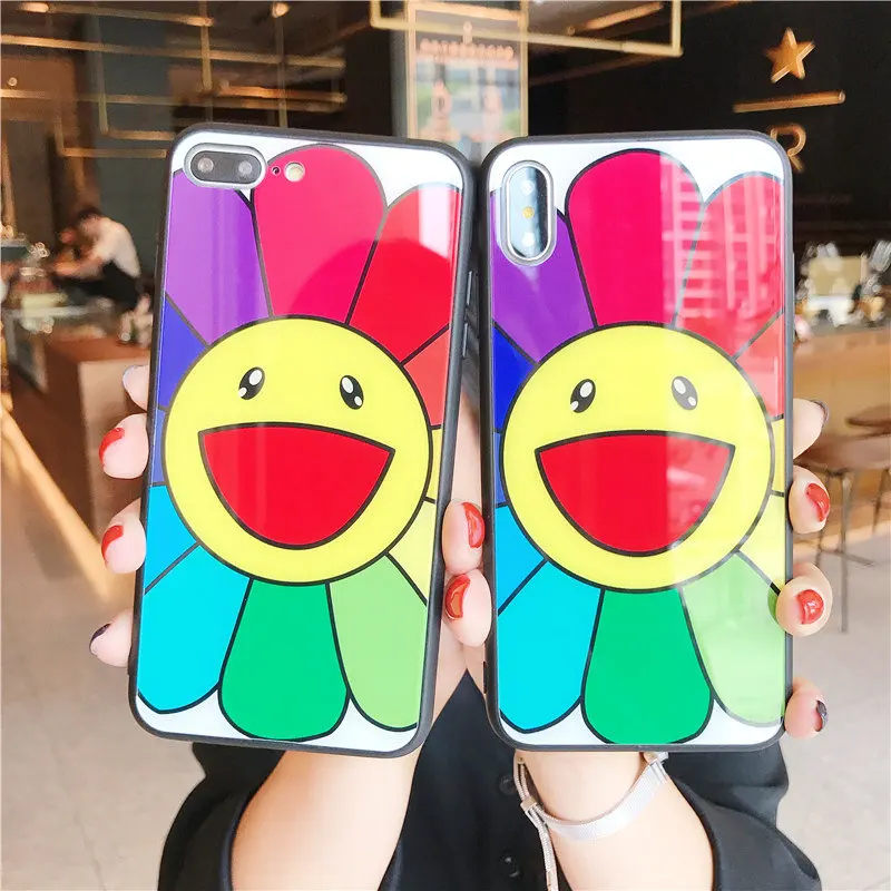 

Luxury sunflower hard glass phone case for iphone 6 plus 7 7plus 8 8plus X XR XS MAX glitter Glossy Sun flower cover coque capa