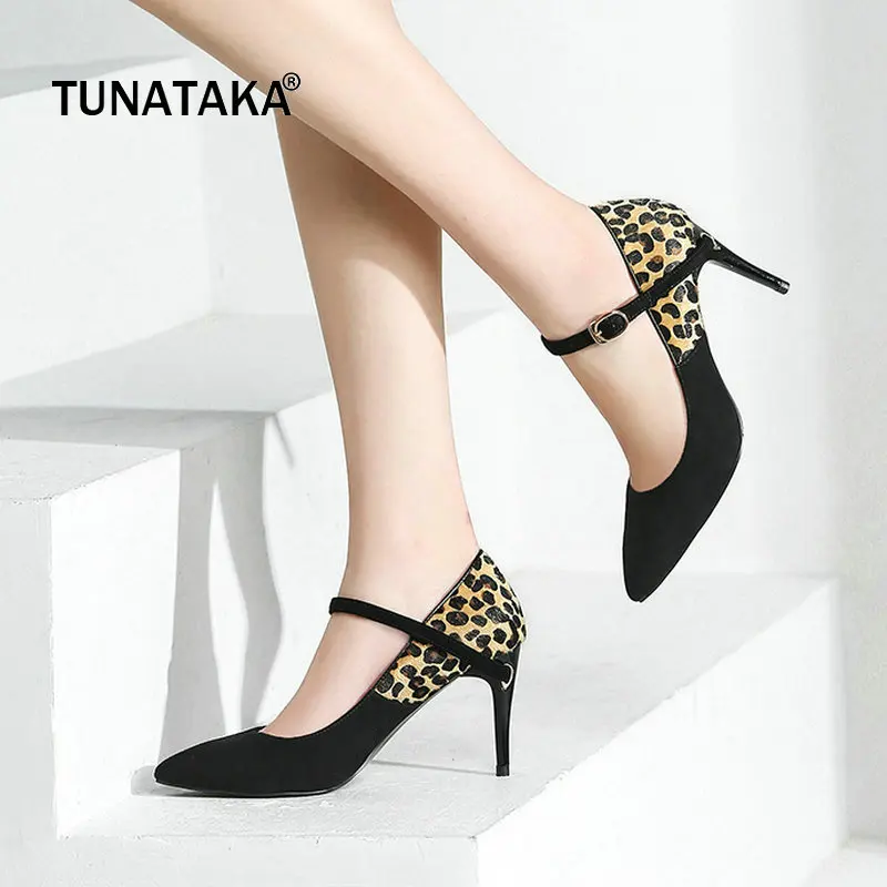 

Sexy leopard print Suede Thin High Heel Buckle Woman Pumps Fashion Pointed Toe Dress High Heel Ladies Black
