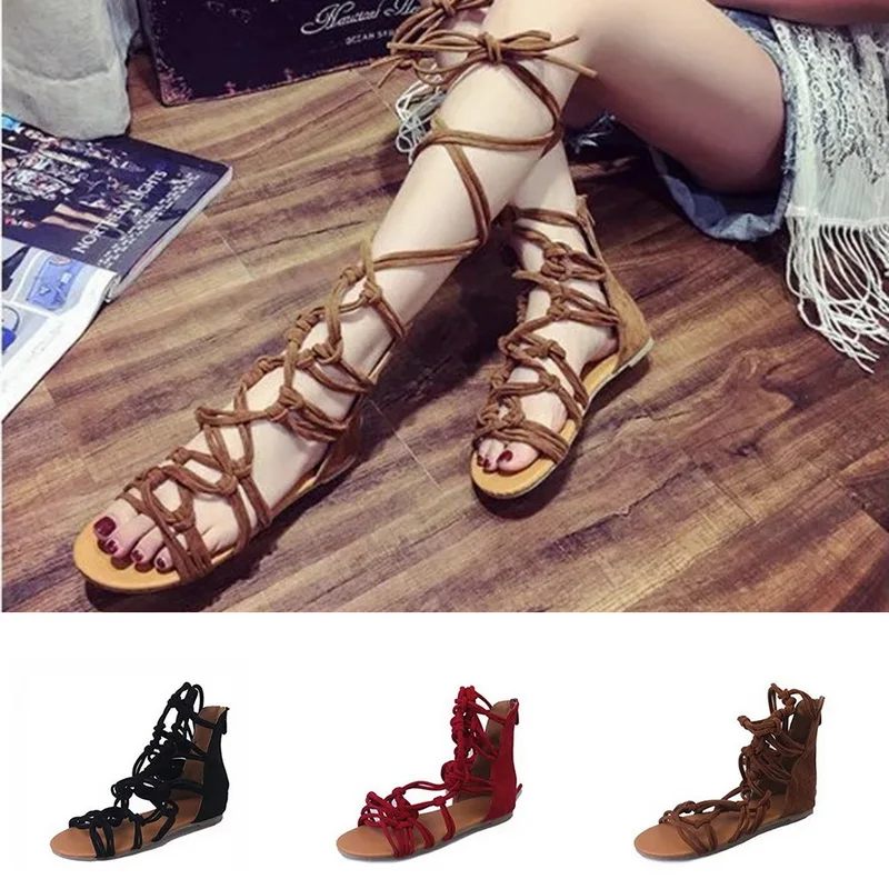 Laamei/римские сандалии с завязками женские до колена на плоской подошве botas femininas