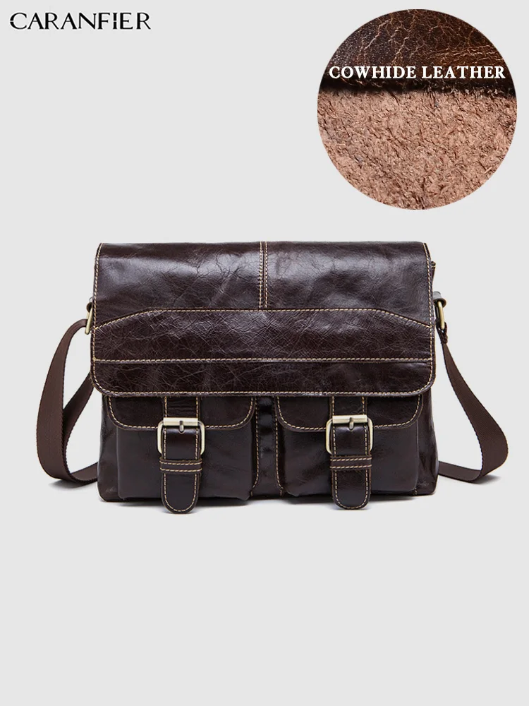 CARANFIER رجل حقائب الصلبة حقيبة ساع الأعمال جلود الأبقار الأصلية حقائب كتف الذكور خمر سستة Crossbody أكياس