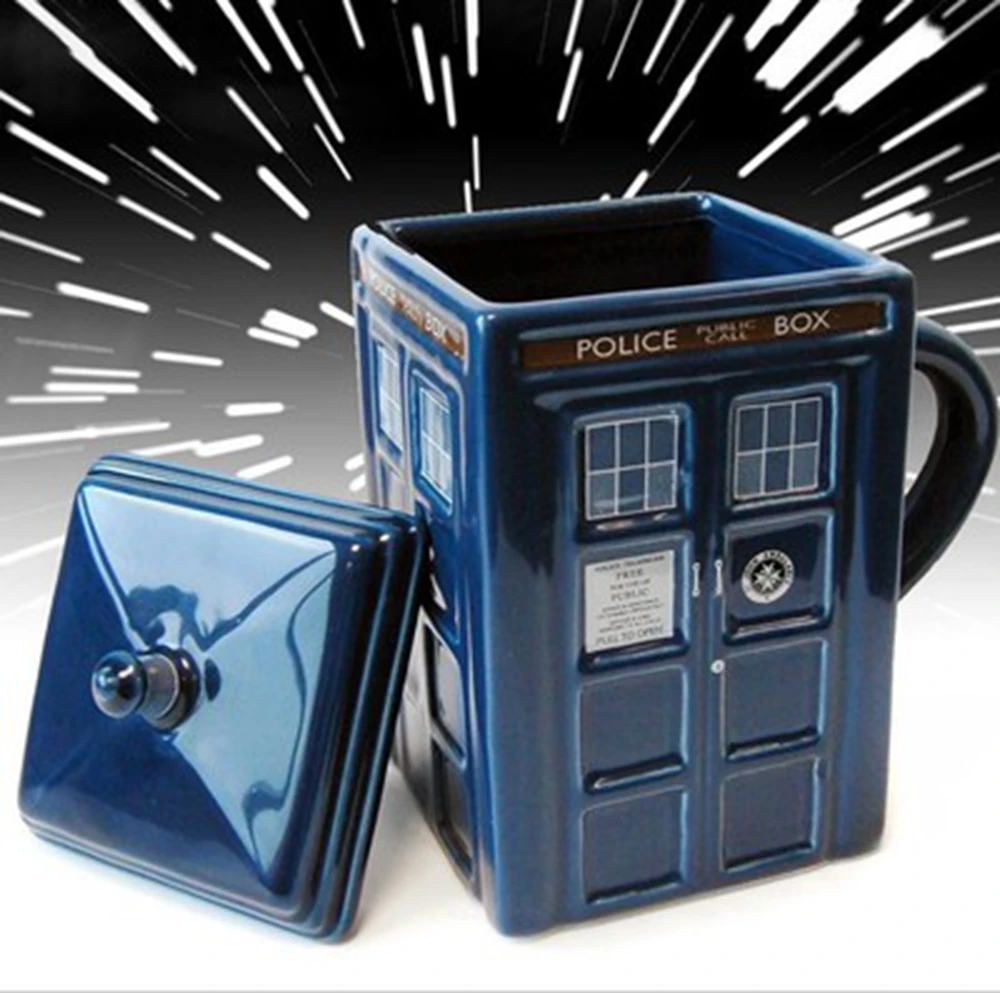 cheap Creative Gift Doctor Who Figural Tardis Porcelain Square Mug Coffee Cup with Covered and Spoon Police Box Shape
