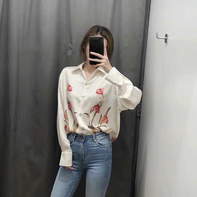 

Women Full Sleeve Shirt Summer Floral Casual Female Long Shirts Spring Wild Loose Ladies Slim Tops Vintage Printed Shirt Shirt
